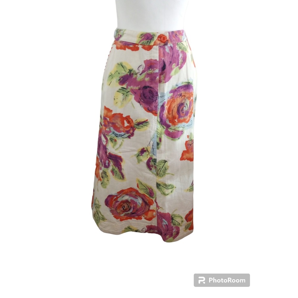 J Jill Floral Midi ALine Skirt Size 8 100% Cotton Modest Rick Rack Detail Pocket